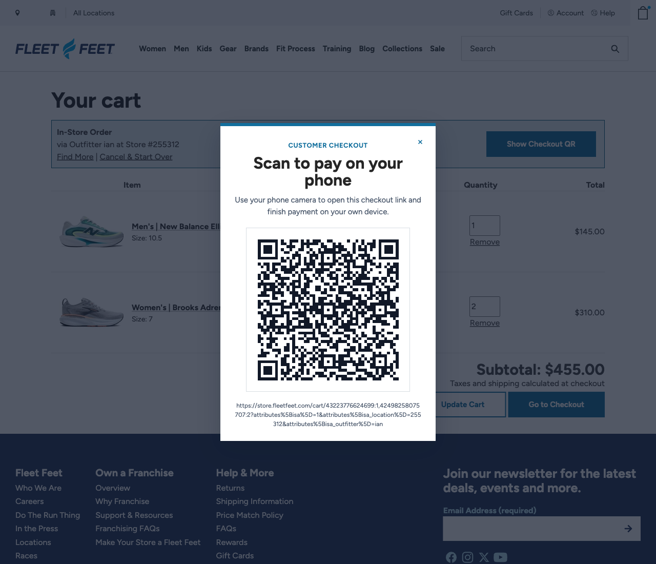 Fleet Feet cart with a QR code modal inviting customers to scan and pay on their phone.